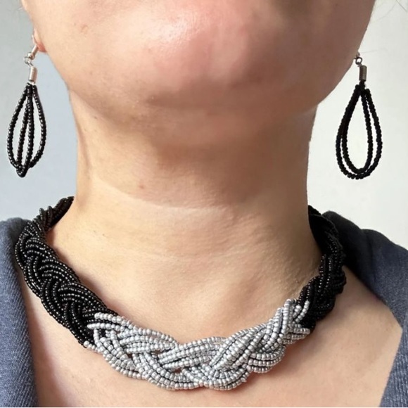 Statement Bicolor Braided Necklace & Earrings Set | Timeless Elegance - Picture 3 of 9